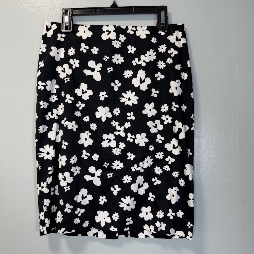 Talbots Womens Black White Floral Cotton Blend Pencil‎ Skirt Size 8 LK4974